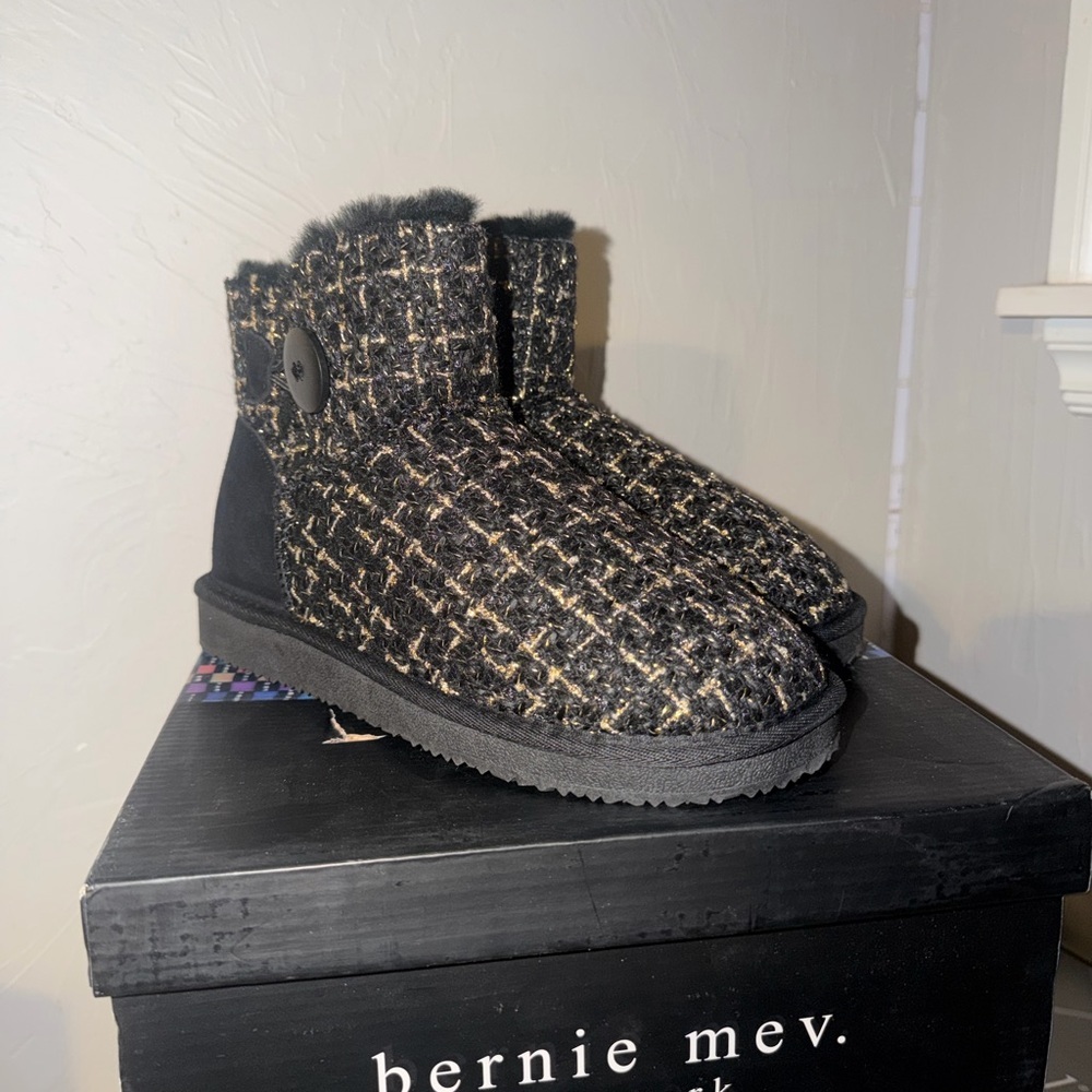 bernie mev. Black Tweed Button Ankle Booties